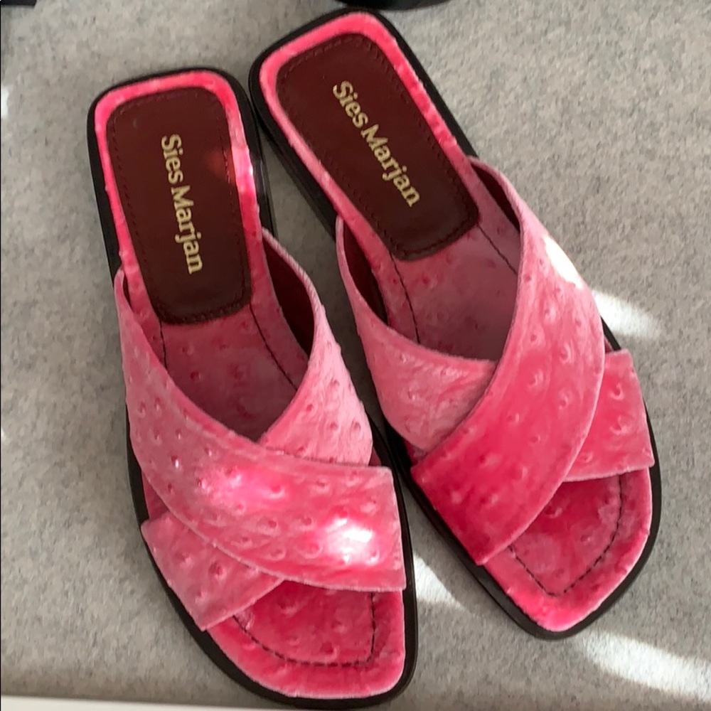 Sies Marjan ostrich print pink velvet sandals